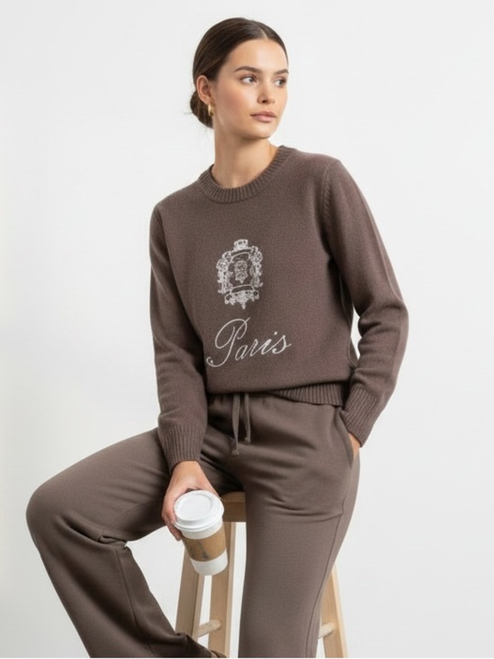 1599 • Cool Brown Ultra Soft Embroidered PARIS Sweater